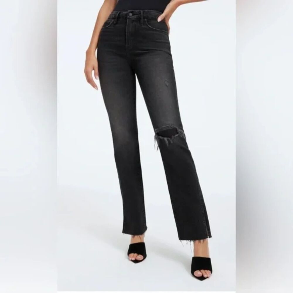 Good American Good Boy Straight Leg Distressed Ripped Jeans